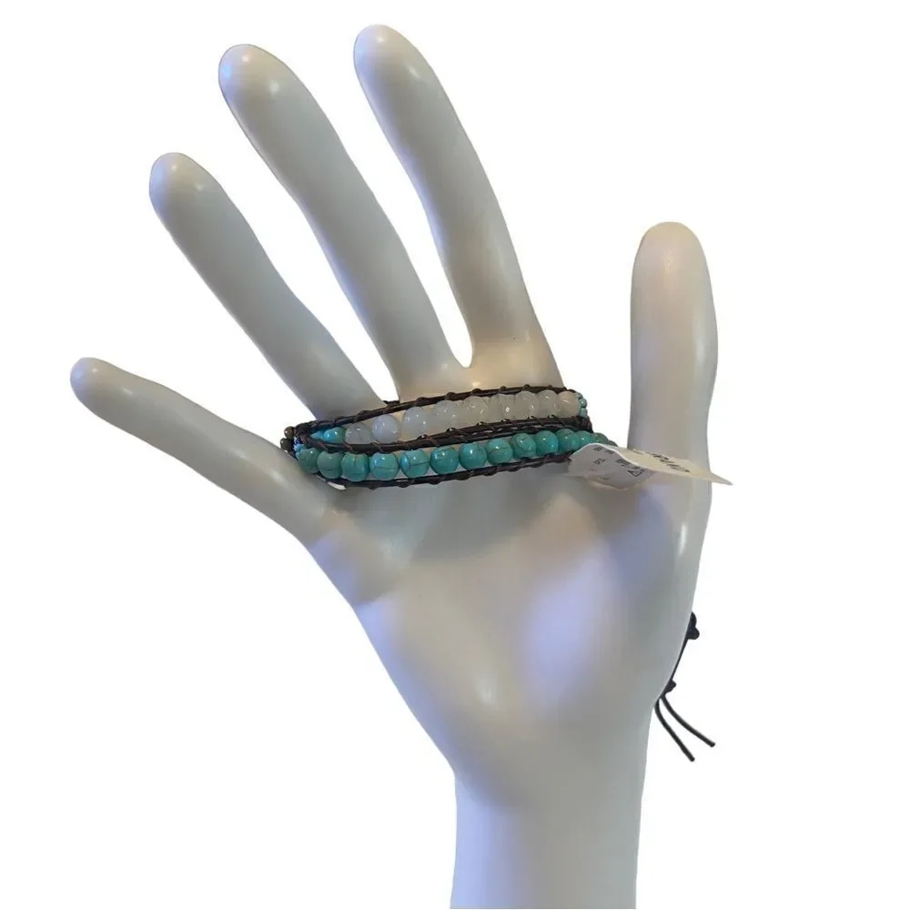 Multi Colored Seed Bead & Leather Wraparound Bracelet.